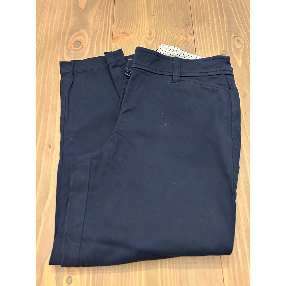 D29 Talbots Perfect Crop Pant Navy Blue Button Hem Trousers Size 2P Petite